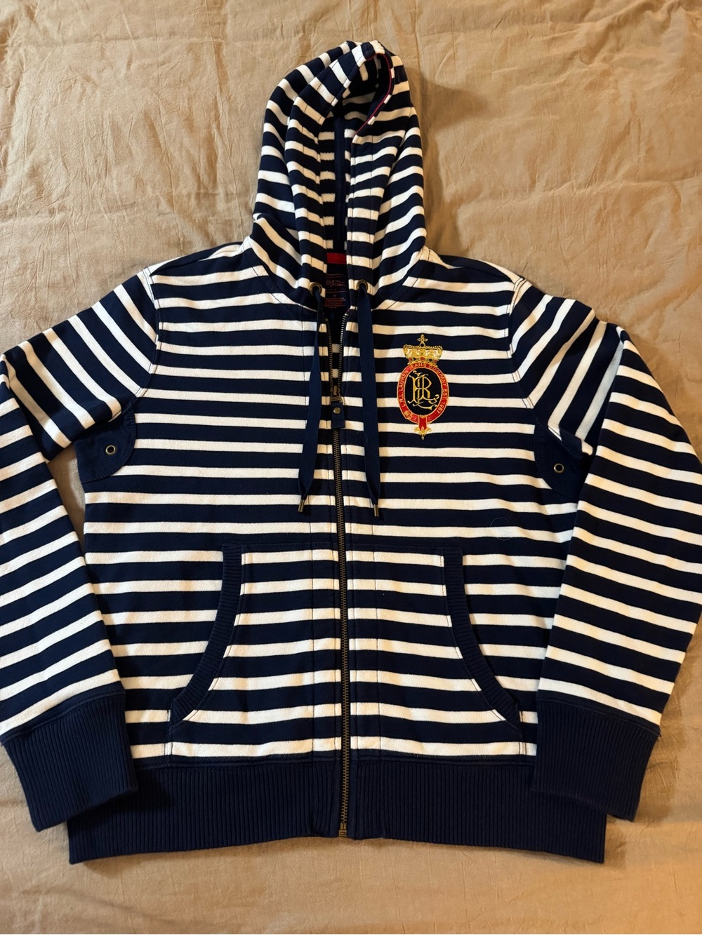 Lauren Ralph Lauren Navy and White Striped Zip Hoodie with Brass Trim